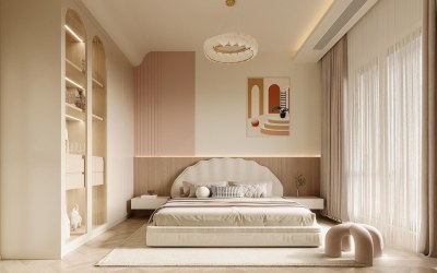 现代奶油风卧室3D模型下载